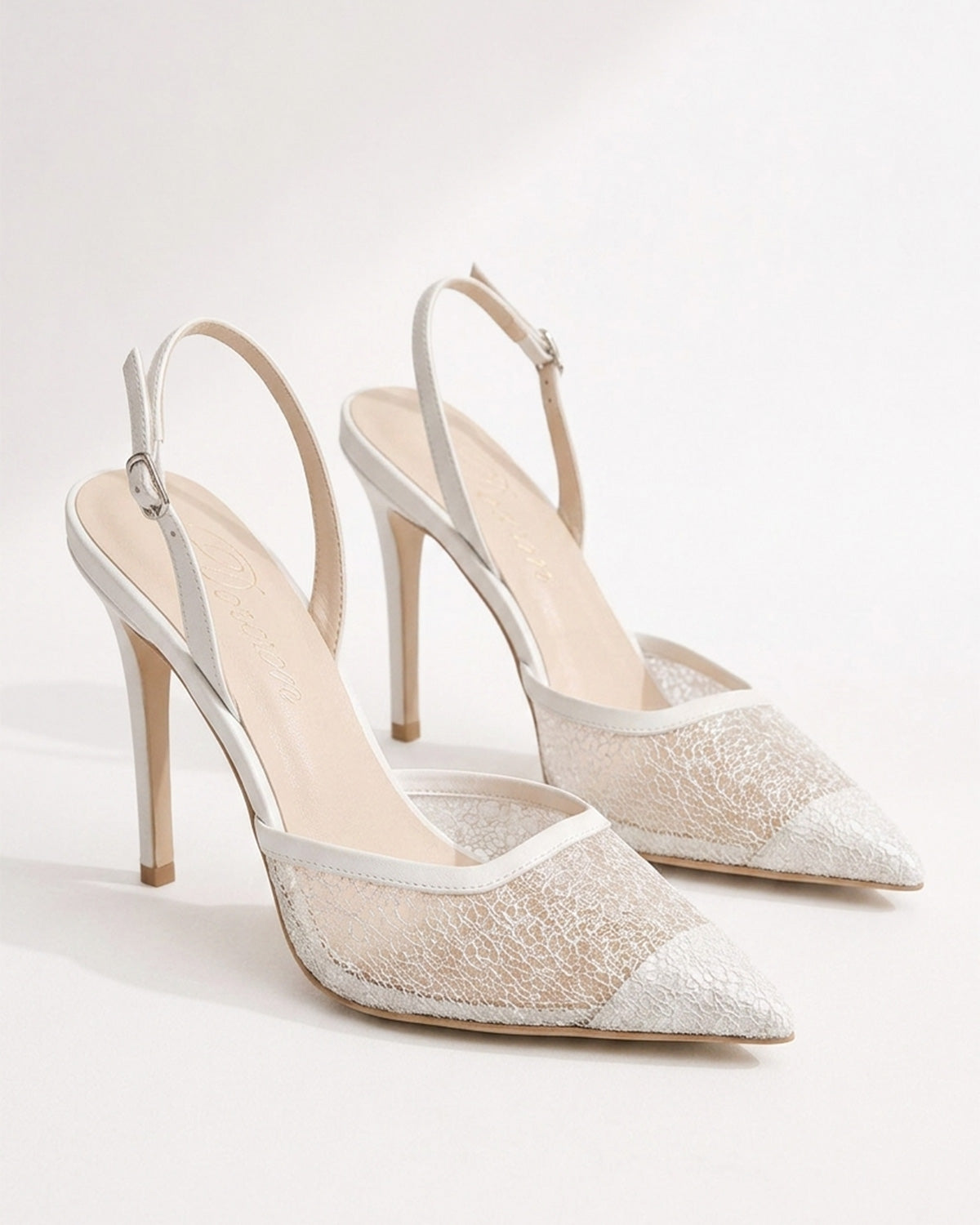 Rosalie Pearl Satin Lace Mesh Slingbacks
