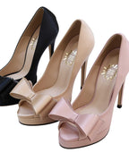 Satin Bow-Embellished Platform Peep-Toe Heels [Customizable Heel]