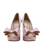 Satin Bow-Embellished Platform Peep-Toe Heels [Customizable Heel]