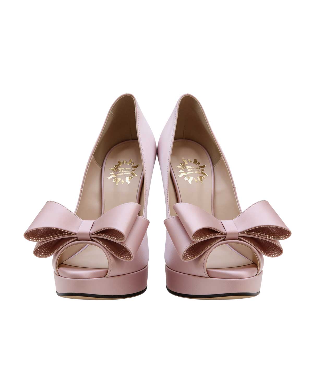 Satin Bow-Embellished Platform Peep-Toe Heels [Customizable Heel]