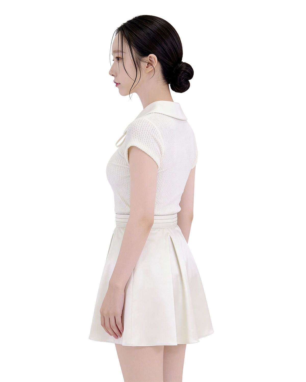 Satin Collar Ribbon-Tie Cap-Sleeve Knit (Extreme Slim Fit)
