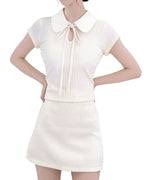 Satin Collar Ribbon-Tie Cap-Sleeve Knit (Extreme Slim Fit)
