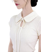 Satin Collar Ribbon-Tie Cap-Sleeve Knit (Extreme Slim Fit)