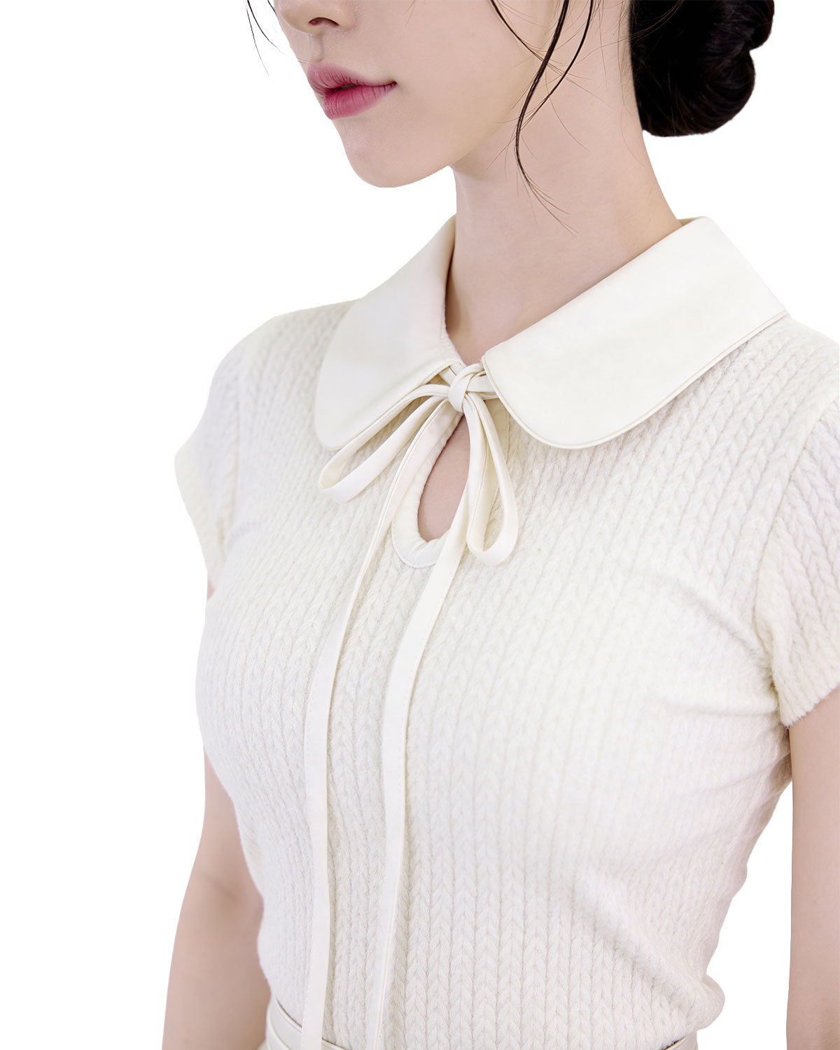 Satin Collar Ribbon-Tie Cap-Sleeve Knit (Extreme Slim Fit)