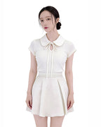 Satin Collar Ribbon-Tie Cap-Sleeve Knit (Extreme Slim Fit)