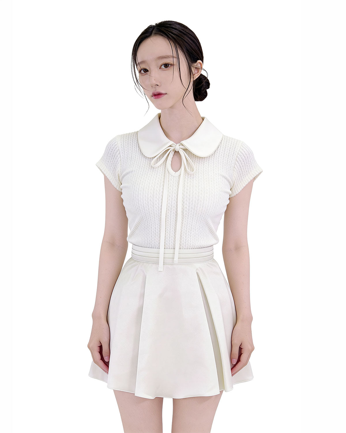 Satin Collar Ribbon-Tie Cap-Sleeve Knit (Extreme Slim Fit)