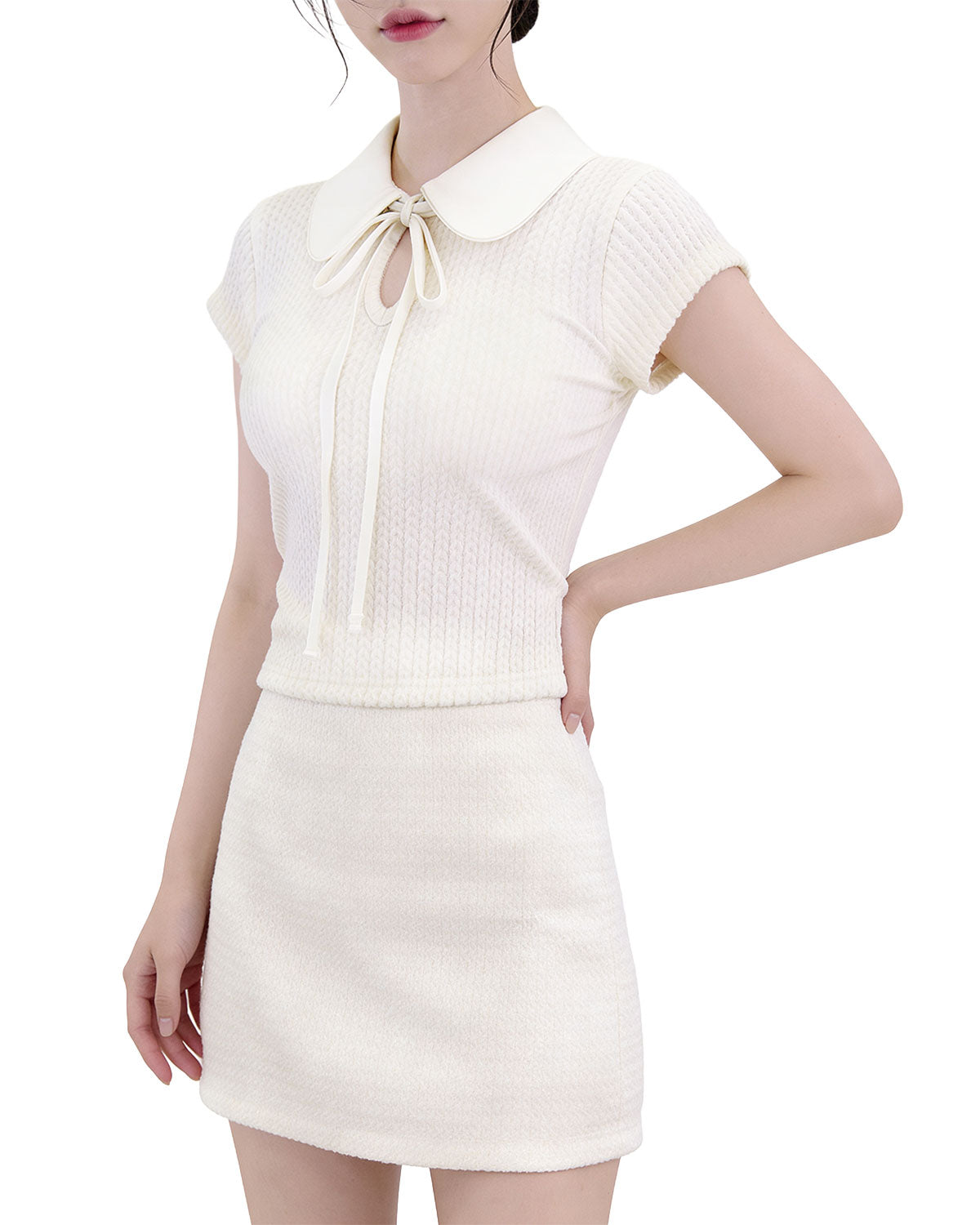 Satin Collar Ribbon-Tie Cap-Sleeve Knit (Extreme Slim Fit)