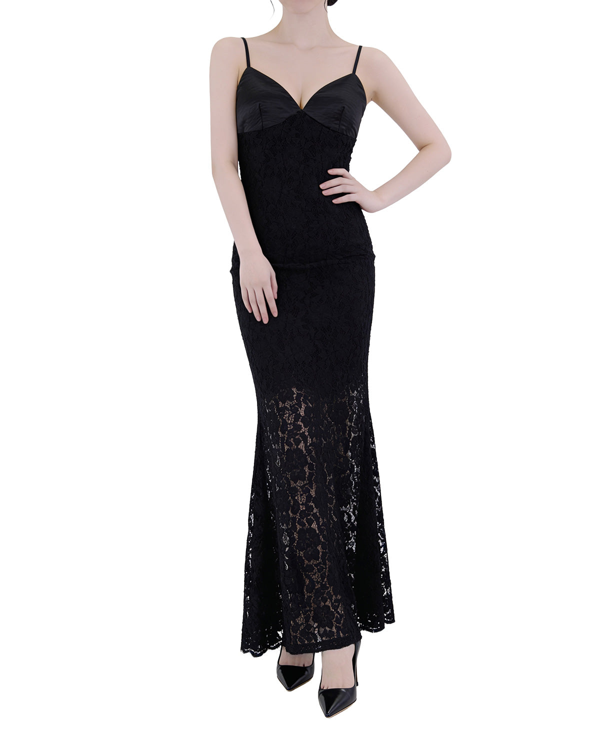 Satin Lace Contrast Mermaid Maxi Dress [Slim Fit]