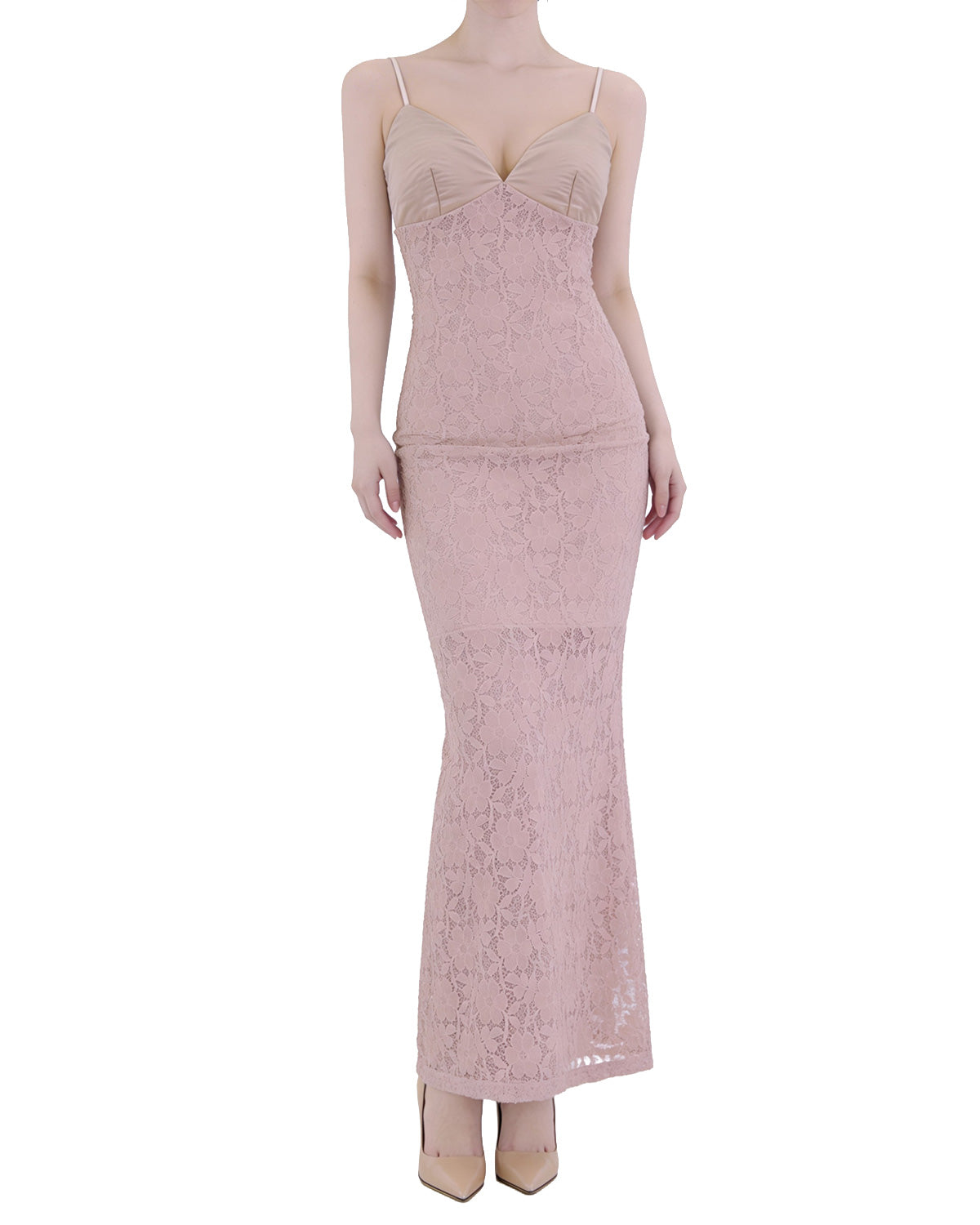 Satin Lace Contrast Mermaid Maxi Dress [Slim Fit]