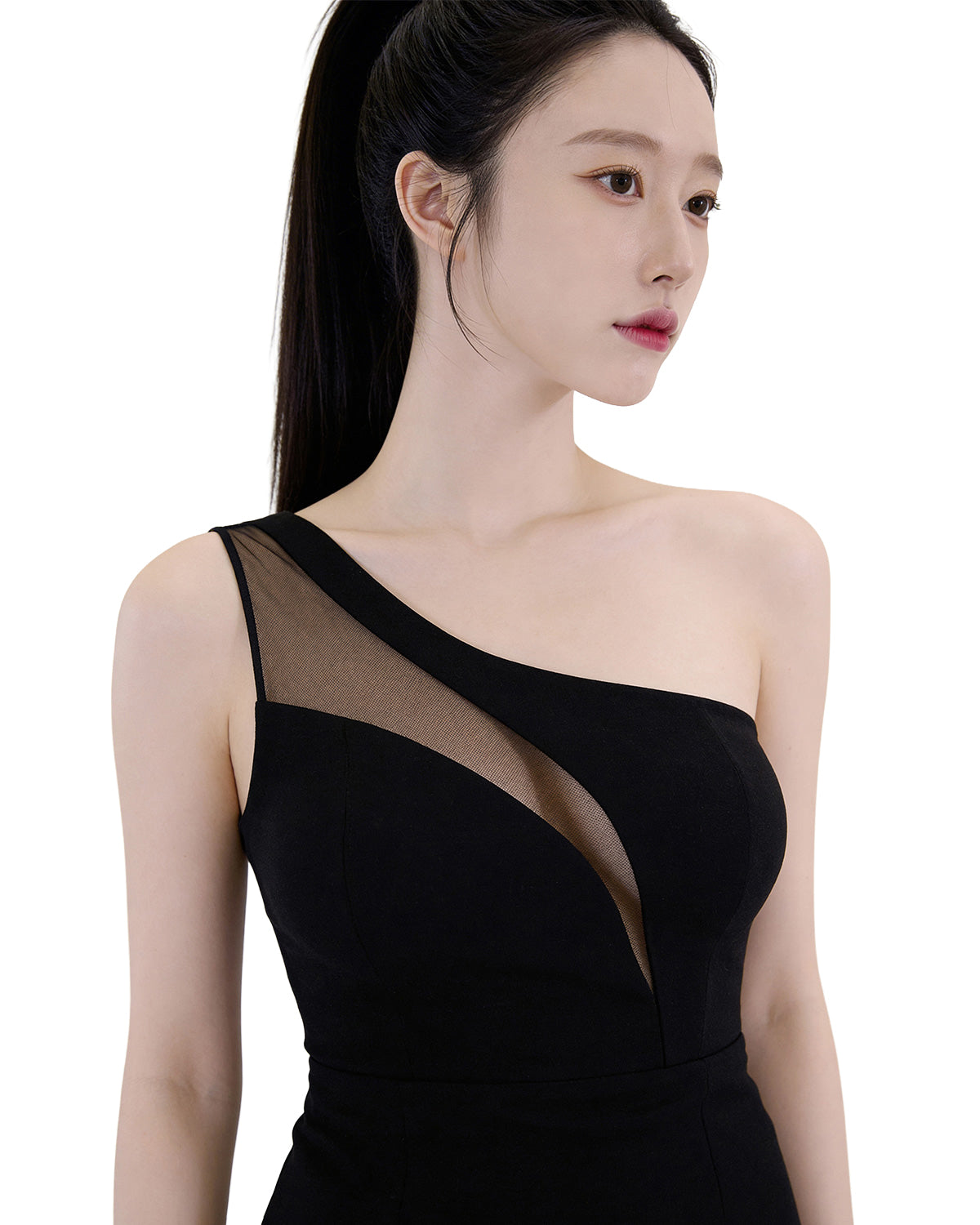Sheer Asymmetric Slit Midi Dress [Extreme Slim]