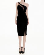 Sheer Asymmetric Slit Midi Dress [Extreme Slim]