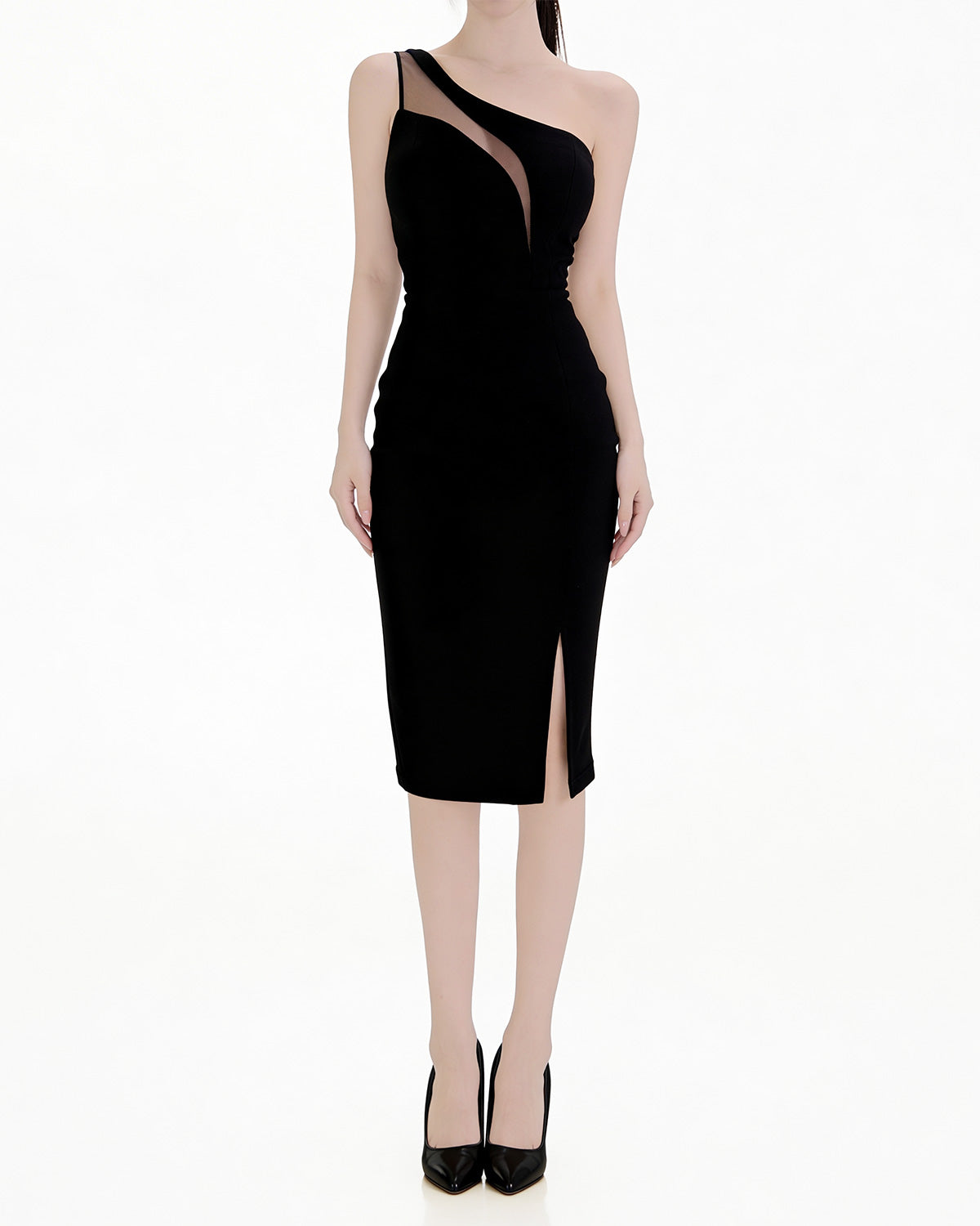 Sheer Asymmetric Slit Midi Dress [Extreme Slim]