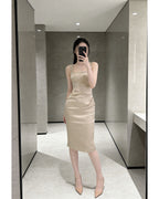 Sleek Ruched Satin Square-Neck Bodycon Midi Dress [Slim Fit]