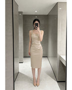 Sleek Ruched Satin Square-Neck Bodycon Midi Dress [Slim Fit]