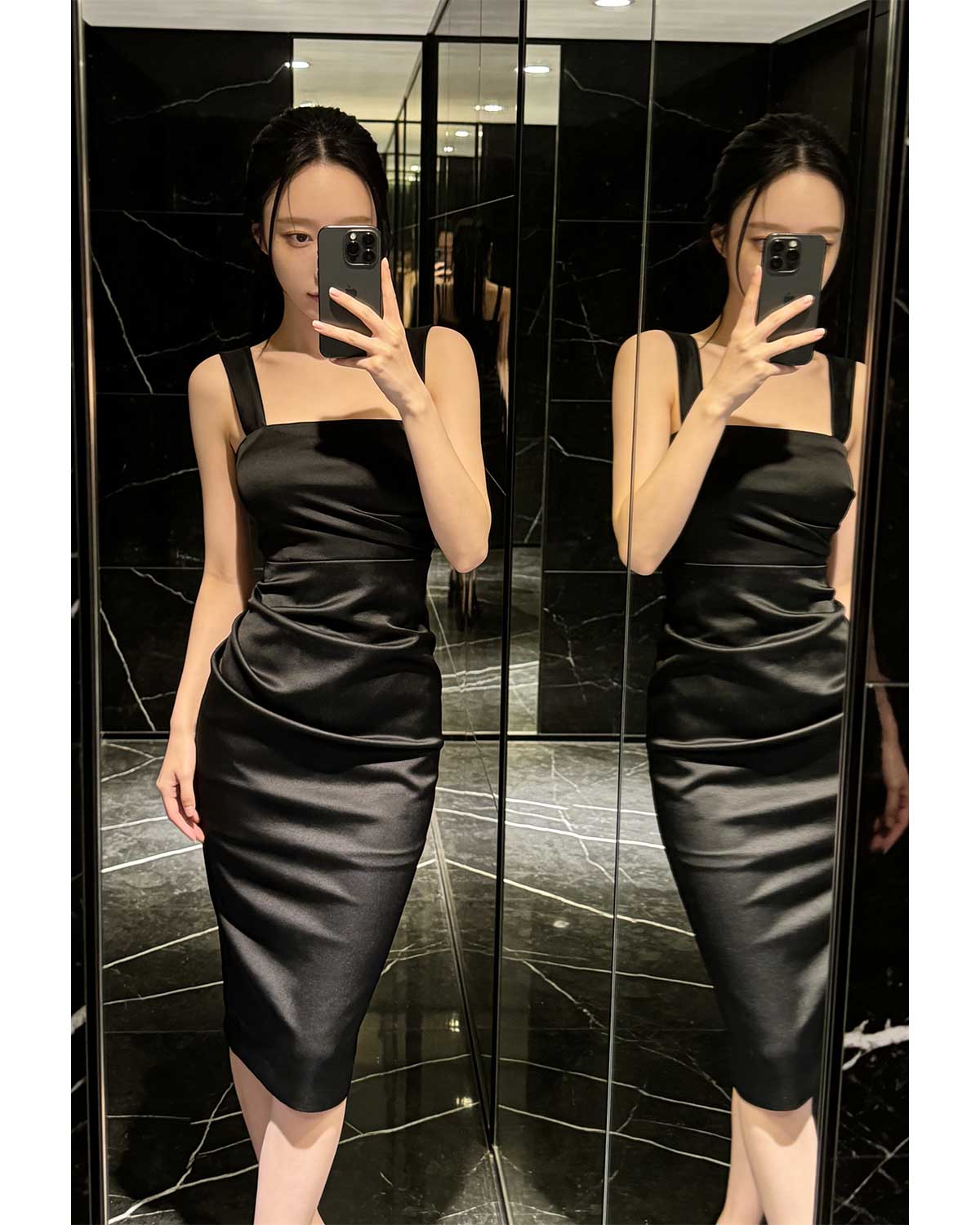 Sleek Ruched Satin Square-Neck Bodycon Midi Dress [Slim Fit]