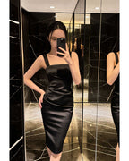 Sleek Ruched Satin Square-Neck Bodycon Midi Dress [Slim Fit]