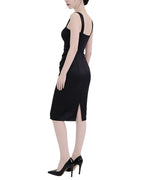 Sleek Ruched Satin Square-Neck Bodycon Midi Dress [Slim Fit]