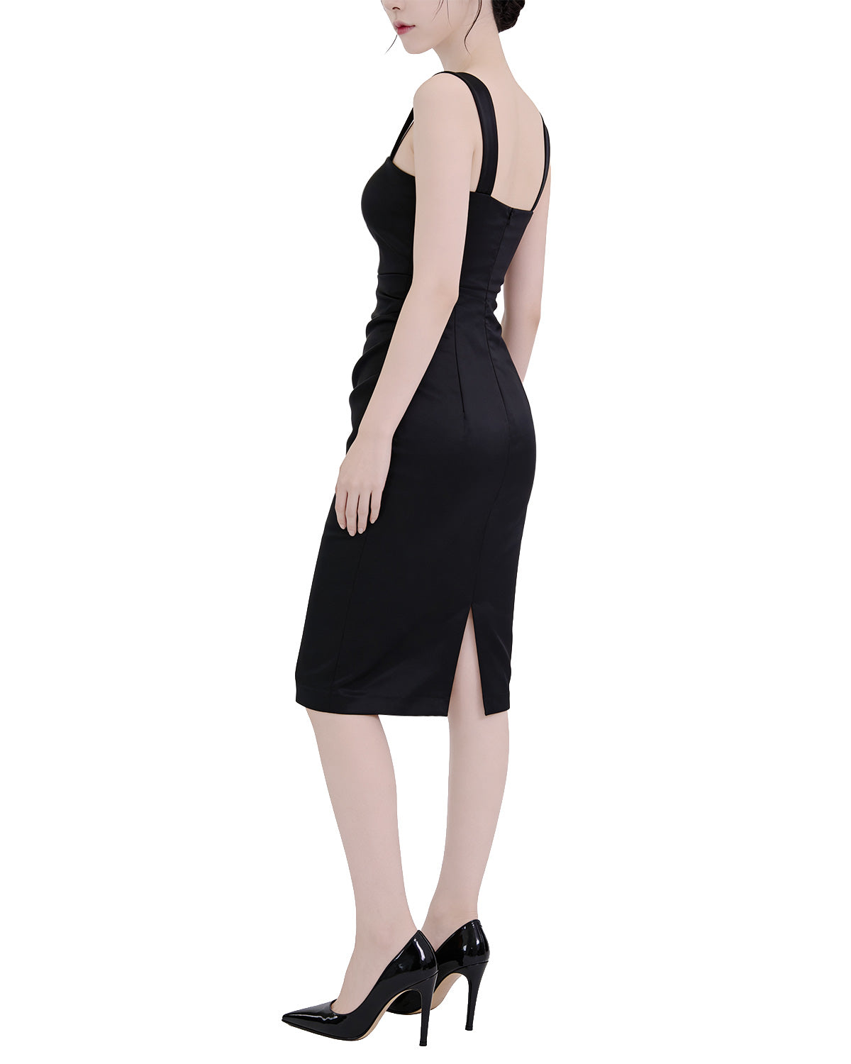 Sleek Ruched Satin Square-Neck Bodycon Midi Dress [Slim Fit]