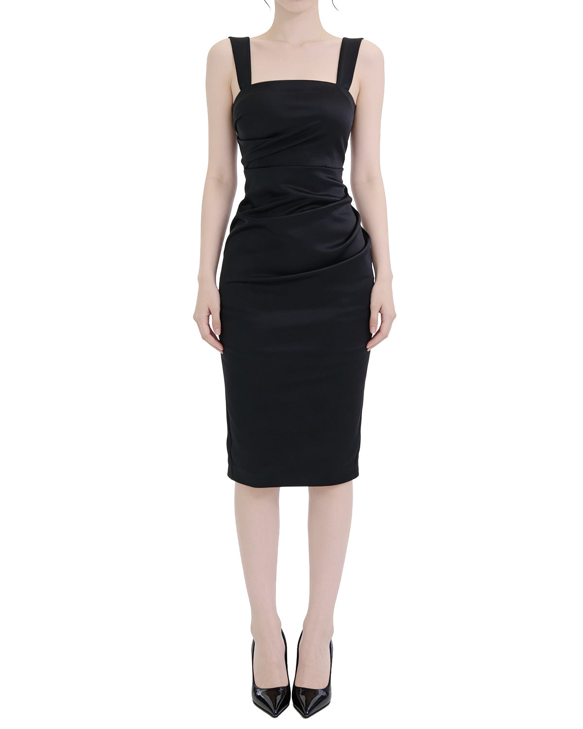 Sleek Ruched Satin Square-Neck Bodycon Midi Dress [Slim Fit]