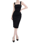 Sleek Ruched Satin Square-Neck Bodycon Midi Dress [Slim Fit]