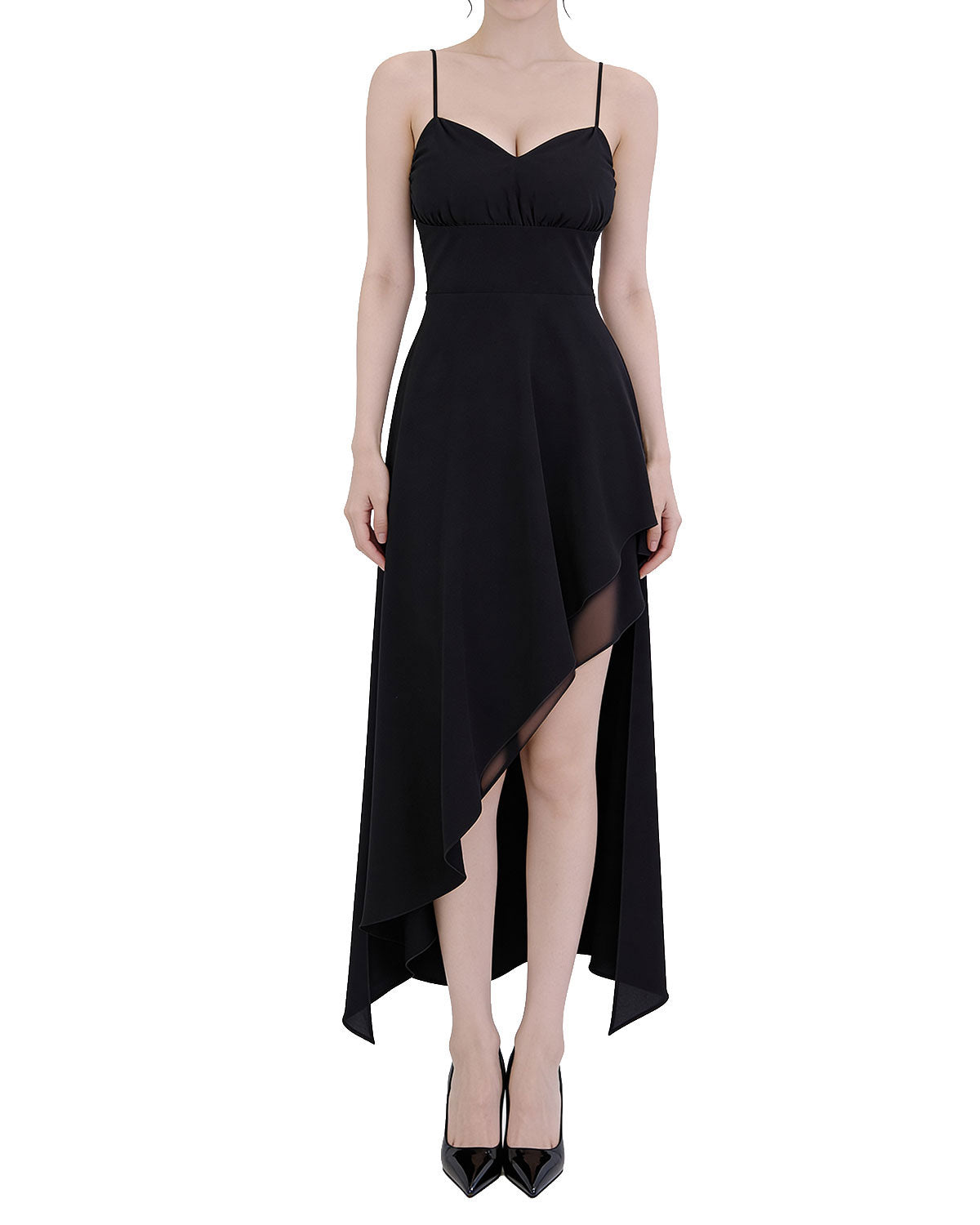 Sophisticated Black Draped Asymmetrical High-Low Cami Maxi Dress [Slim Fit]