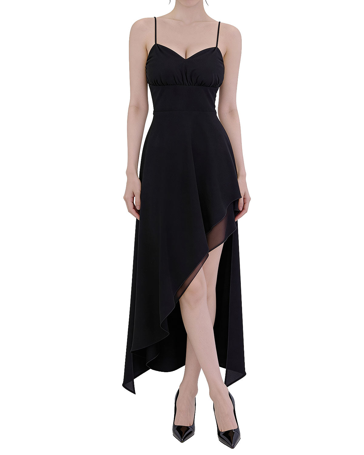 Sophisticated Black Draped Asymmetrical High-Low Cami Maxi Dress [Slim Fit]
