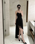 Sophisticated Black Draped Asymmetrical High-Low Cami Maxi Dress [Slim Fit]