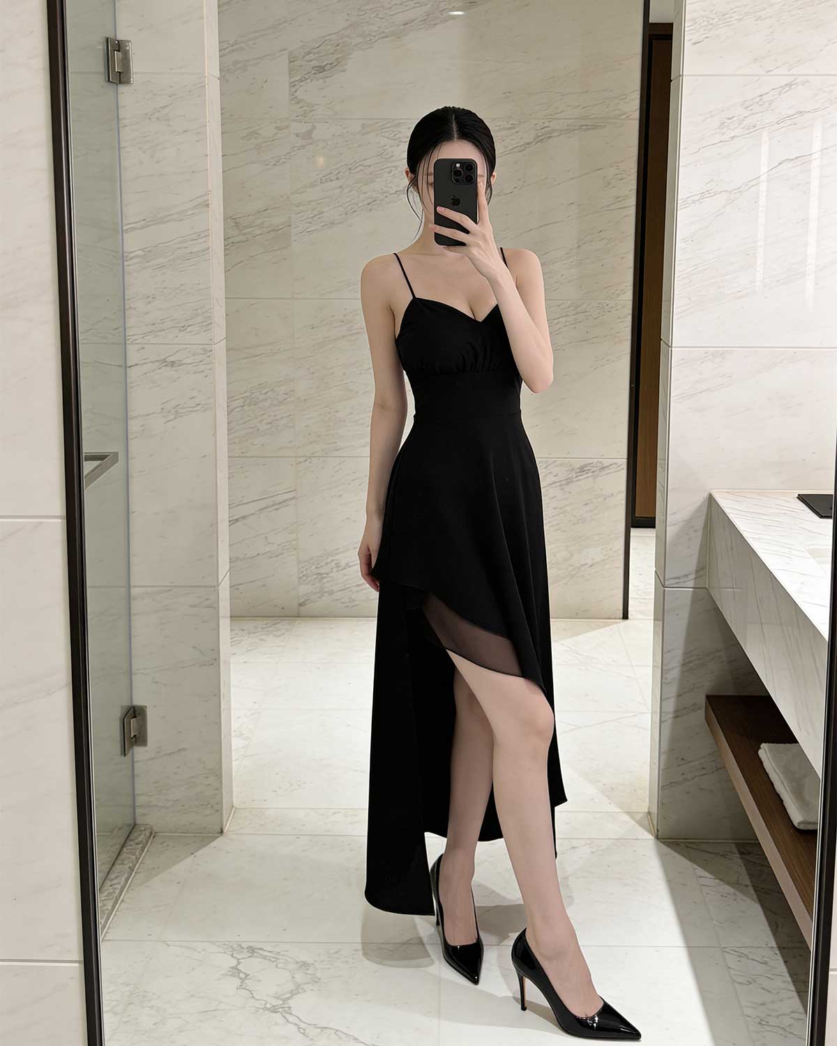 Sophisticated Black Draped Asymmetrical High-Low Cami Maxi Dress [Slim Fit]