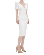 Sophisticated Puff Sleeve Pintuck-Waist Midi Dress [Extreme Slim]