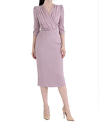 Sophisticated Wrap-Style Pleated Three-Quarter Sleeve Midi Dress with Belt [Regular Fit]