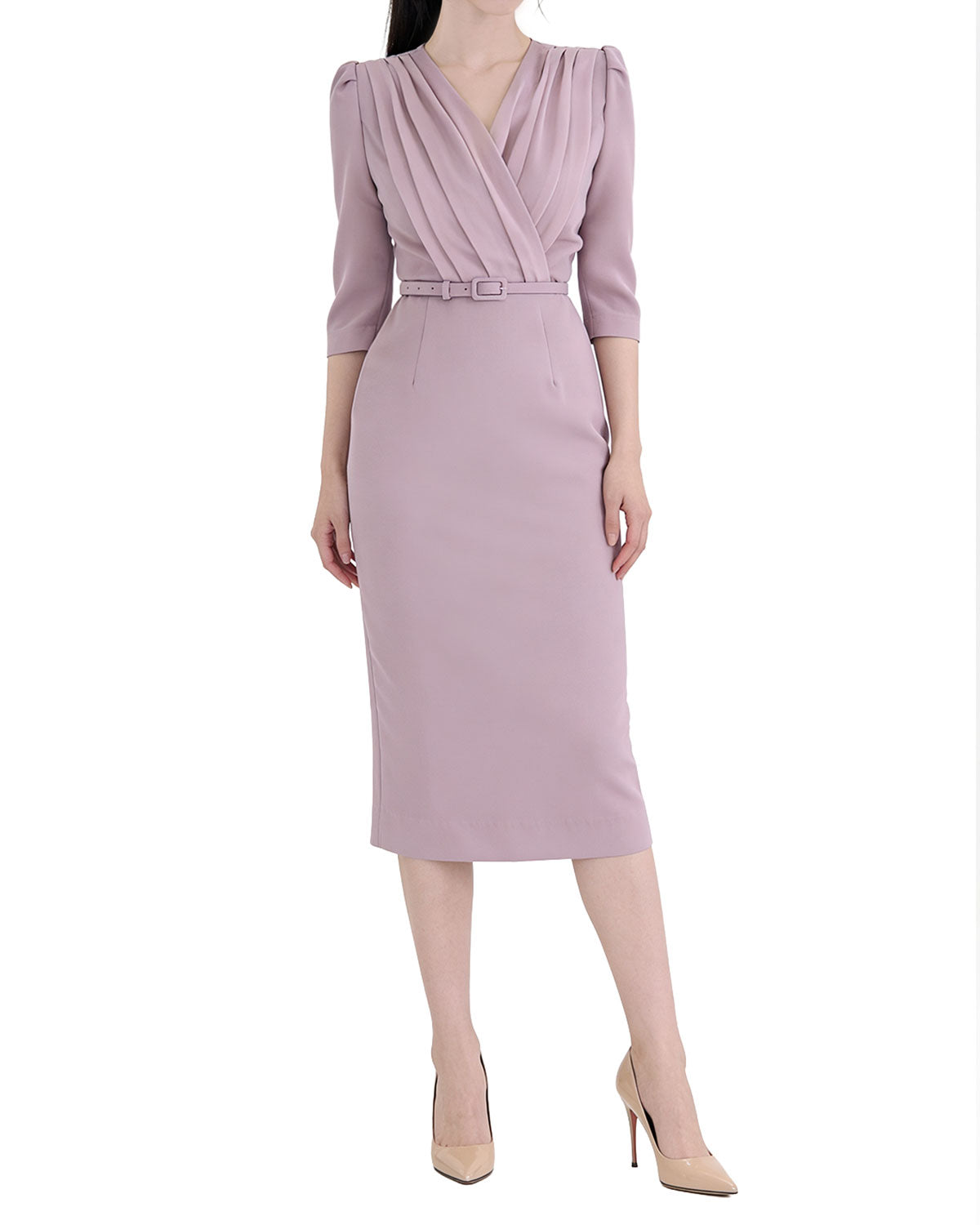 Sophisticated Wrap-Style Pleated Three-Quarter Sleeve Midi Dress with Belt [Regular Fit]