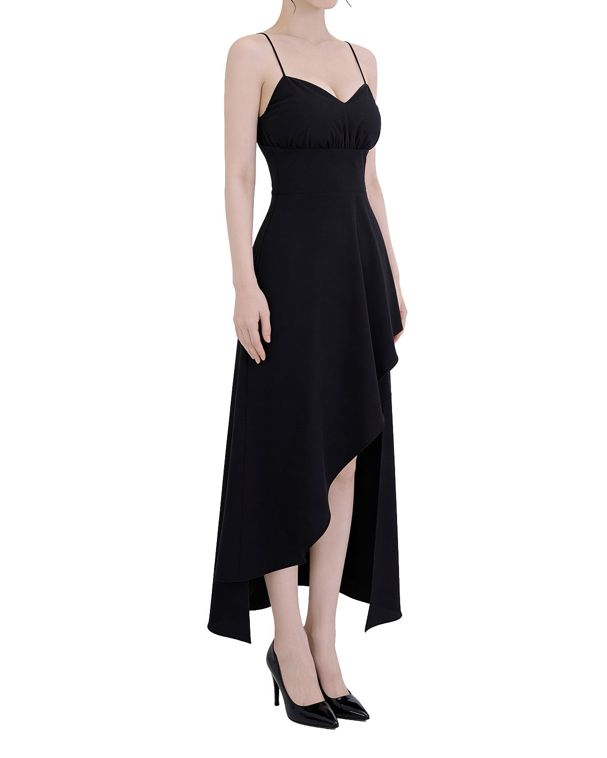 Sophisticated Black Draped Asymmetrical High-Low Cami Maxi Dress [Slim Fit]