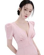 Sophisticated Puff Sleeve Pintuck-Waist Midi Dress [Extreme Slim]