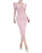 Sophisticated Puff Sleeve Pintuck-Waist Midi Dress [Extreme Slim]