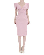 Sophisticated Puff Sleeve Pintuck-Waist Midi Dress [Extreme Slim]