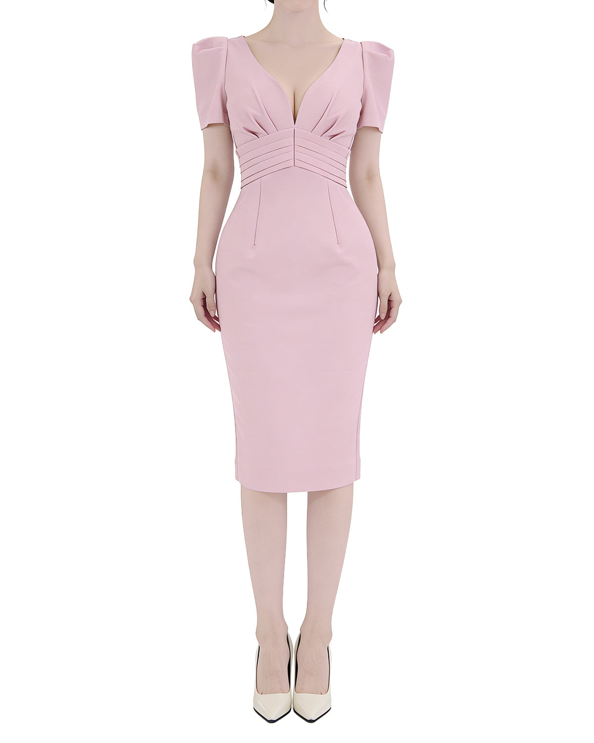 Sophisticated Puff Sleeve Pintuck-Waist Midi Dress [Extreme Slim]