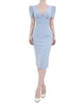 Sophisticated Puff Sleeve Pintuck-Waist Midi Dress [Extreme Slim]