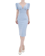 Sophisticated Puff Sleeve Pintuck-Waist Midi Dress [Extreme Slim]