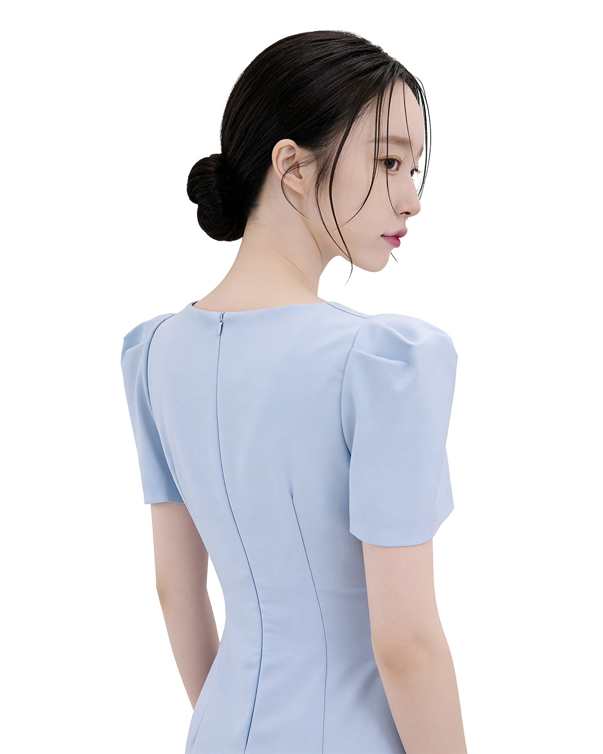 Sophisticated Puff Sleeve Pintuck-Waist Midi Dress [Extreme Slim]