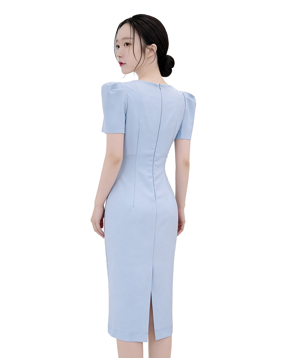 Sophisticated Puff Sleeve Pintuck-Waist Midi Dress [Extreme Slim]