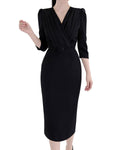 Sophisticated Wrap-Style Pleated Three-Quarter Sleeve Midi Dress with Belt [Regular Fit]