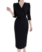 Sophisticated Wrap-Style Pleated Three-Quarter Sleeve Midi Dress with Belt [Regular Fit]