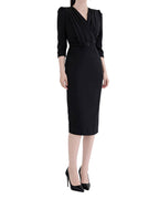 Sophisticated Wrap-Style Pleated Three-Quarter Sleeve Midi Dress with Belt [Regular Fit]