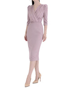 Sophisticated Wrap-Style Pleated Three-Quarter Sleeve Midi Dress with Belt [Regular Fit]