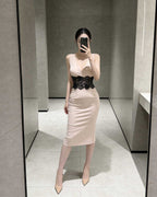 Stunning Lace-Waist Contrast Bodycon Midi Dress [Slim Fit]