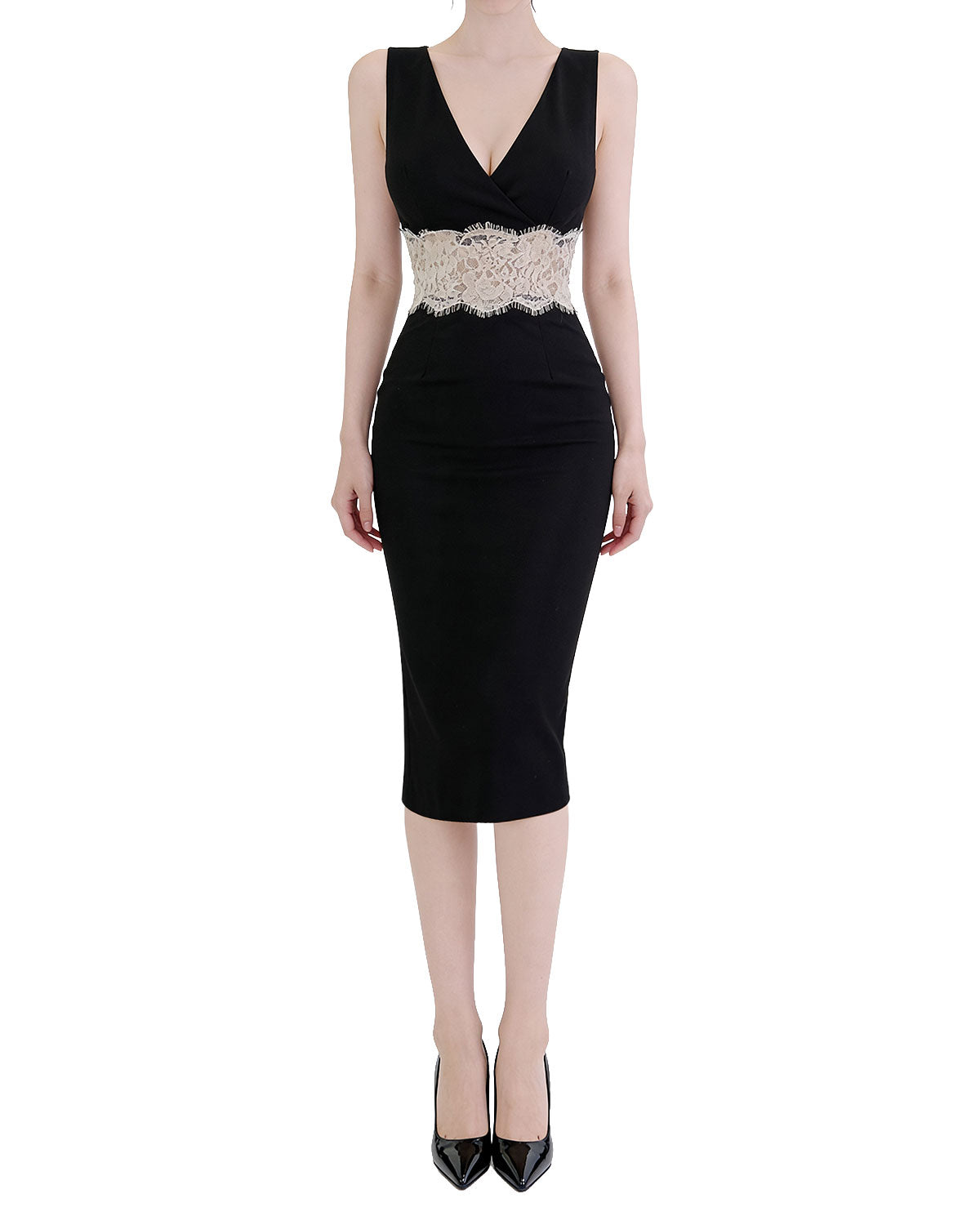 Stunning Lace-Waist Contrast Bodycon Midi Dress [Slim Fit]