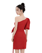 Stunning One-Shoulder Oversized-Bow Mini Dress [Slim Fit]