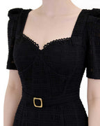 Textured Square Neck Belted Midi Dress [Slim Fit]