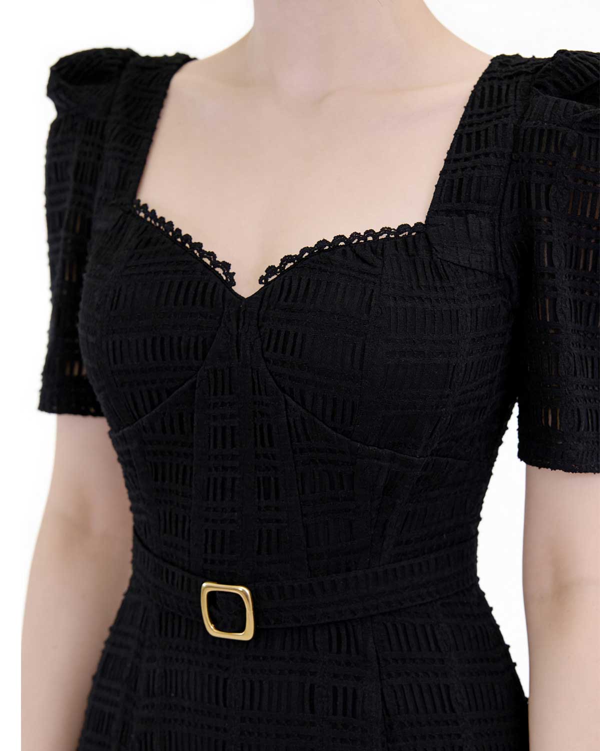 Textured Square Neck Belted Midi Dress [Slim Fit]