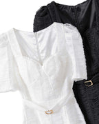 Textured Square Neck Belted Midi Dress [Slim Fit]